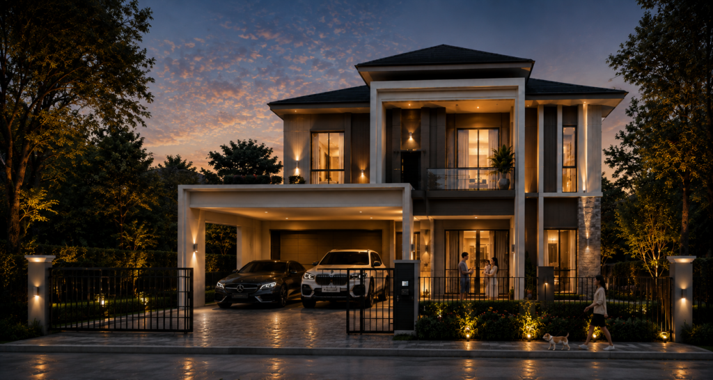 ภาพบ้านสองชั้นพร้อมโรงจอดรถและสวนในบรรยากาศยามเย็น