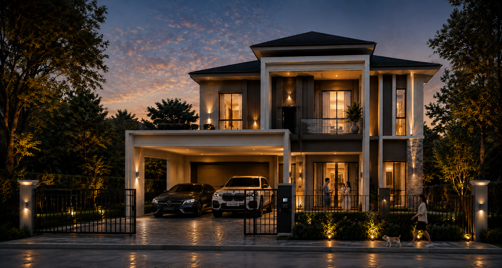ภาพบ้านสองชั้นพร้อมโรงจอดรถและสวนในบรรยากาศยามเย็น