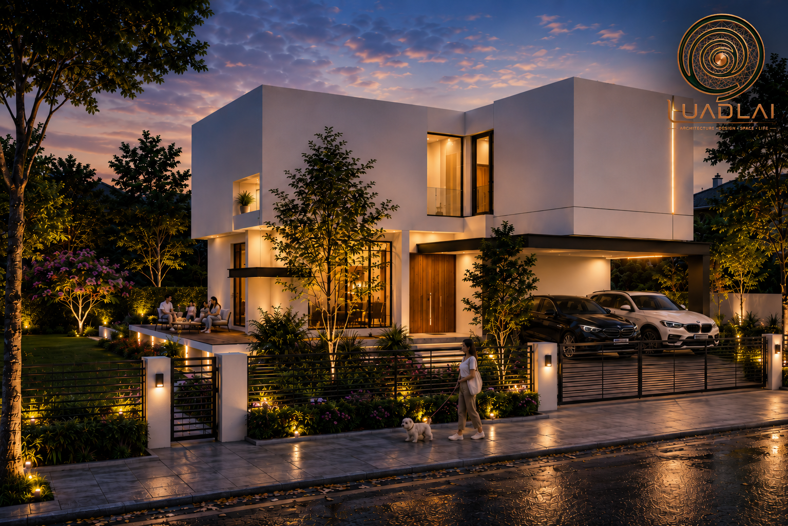 บ้านสองชั้นทรงกล่องสีขาว พร้อมหน้าต่างกระจกสูง โรงจอดรถและสวนรอบบ้าน