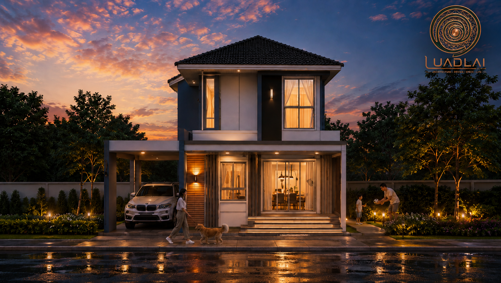บ้านสองชั้นหลังคาปั้นหยา พร้อมโรงจอดรถด้านข้างและสวนหน้าบ้านยามเย็น