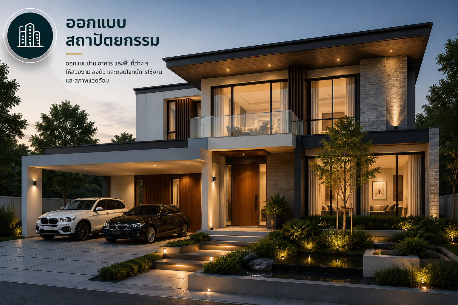 ภาพบริการออกแบบสถาปัตยกรรม พร้อมบ้านสองชั้นที่มีระเบียงกระจก โรงจอดรถและสวน