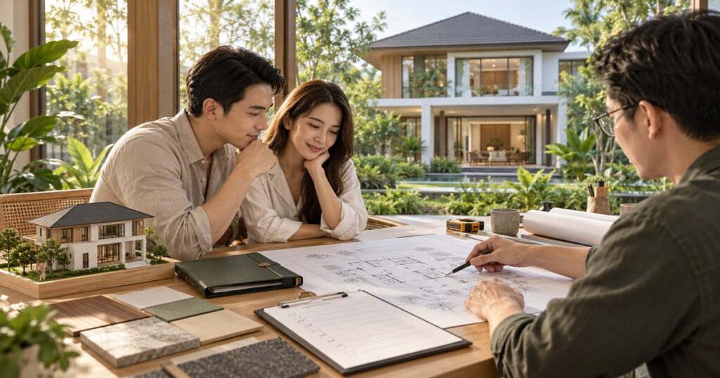 ก่อนสร้างบ้านต้องเตรียมอะไรบ้าง เจ้าของบ้านปรึกษาสถาปนิกเรื่องความต้องการและแผนบ้าน
