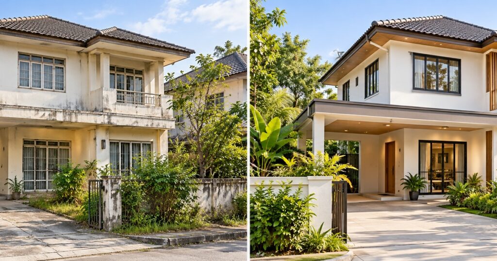 ภาพแนวคิดเปรียบเทียบบ้านเก่าก่อนและหลังรีโนเวต เพื่อประกอบการประเมินซื้อบ้านเก่ามารีโนเวตขาย