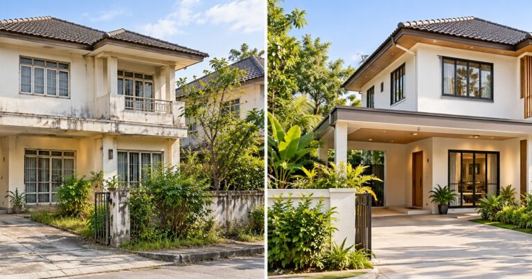 ภาพแนวคิดเปรียบเทียบบ้านเก่าก่อนและหลังรีโนเวต เพื่อประกอบการประเมินซื้อบ้านเก่ามารีโนเวตขาย